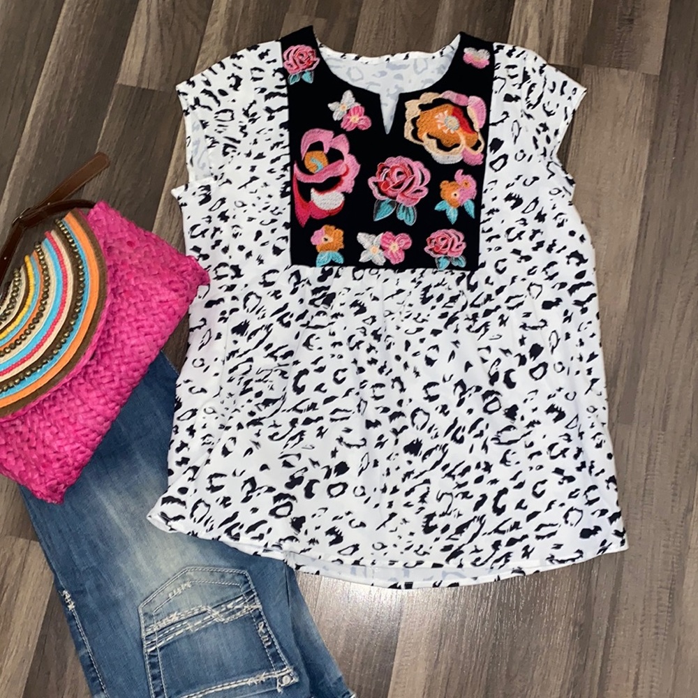 White leopard blouse with bib embroidery